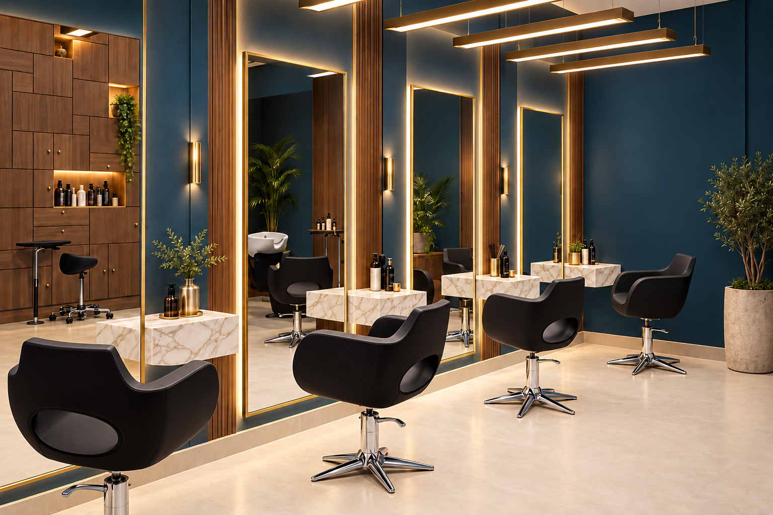 Hair salon after its blue, walnut and marble surface transformation