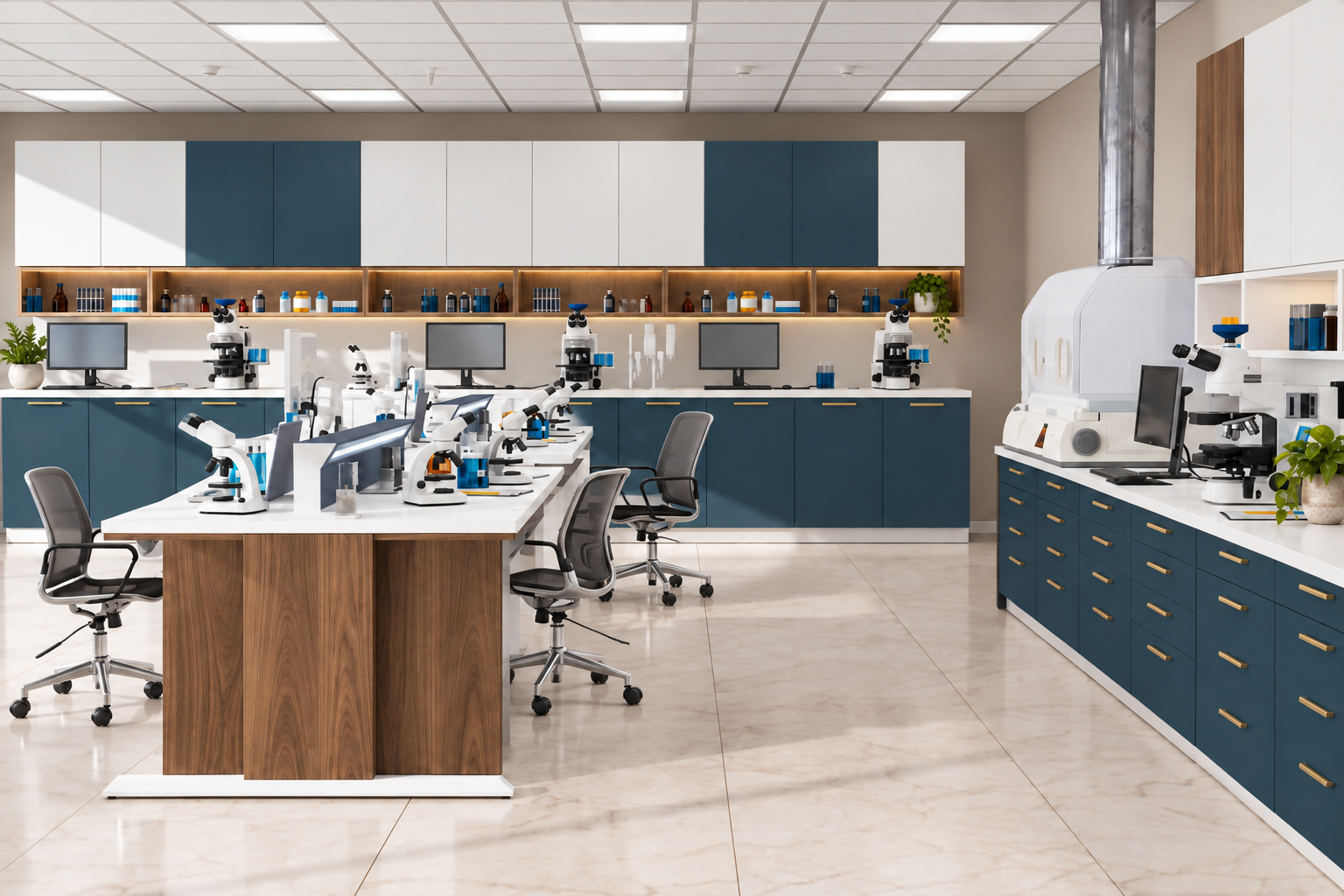Laboratory workspace after its blue and walnut surface transformation